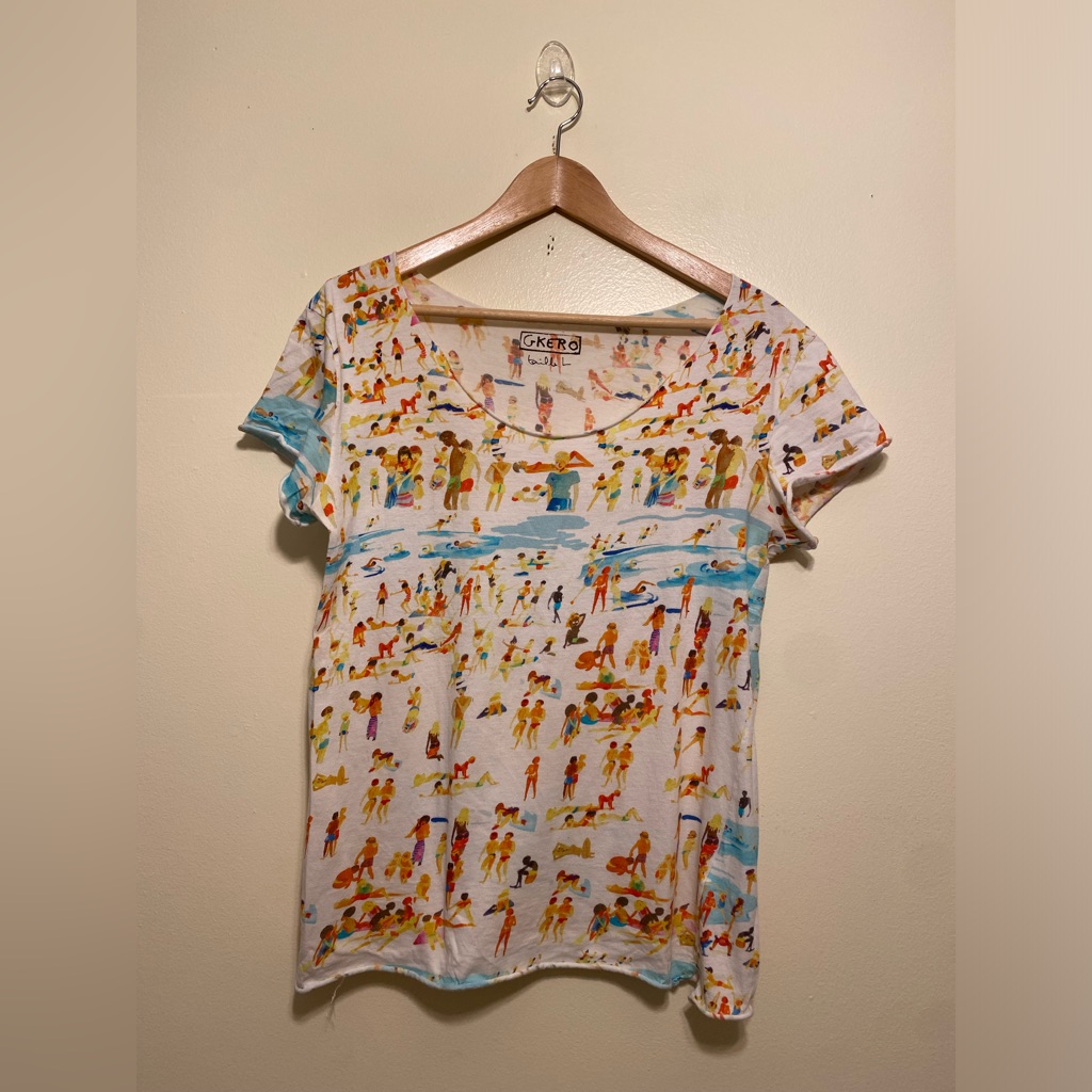 G. Kero Gkero La Plage Cotton White Beach-Print Women’s Tee. Size L